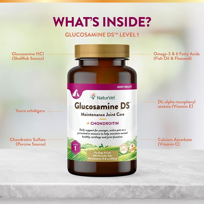 NaturVet Glucosamine DS Level 1 Maintenance Care Hip & Joint Support Pet Supplement for Dogs & Cats –Glucosamine, Chondroitin, Antioxidants –Supports Cartilage, Joint Function – 150 Ct.