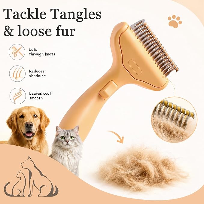 Dog Brush and Cat Deshedding Rake, Pet Grooming Tool for Shedding with Rounded Stainless Steel Teeth, Comfortable Grip for Long or Thick Coats (Style 2 Orange)