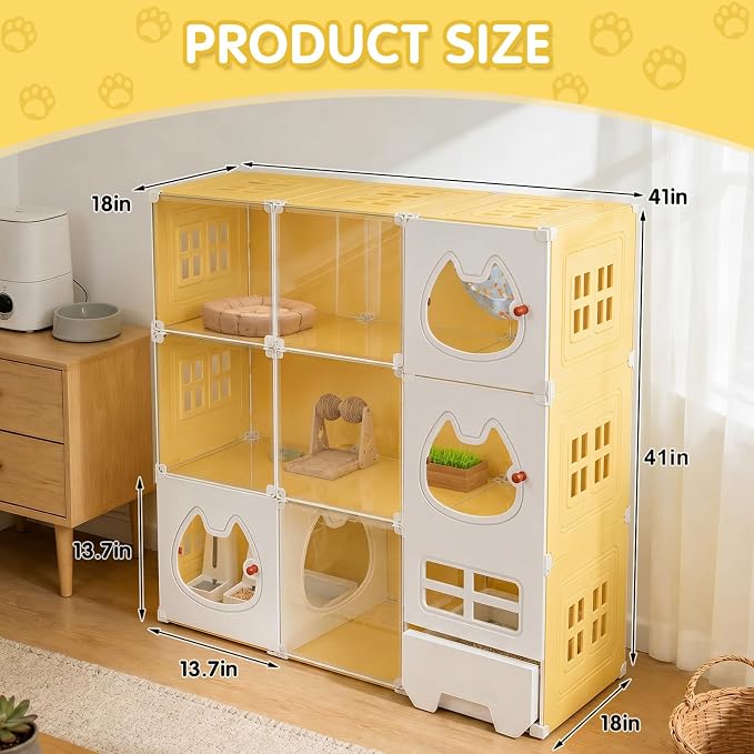 Cat Cage 3-Tier with Built-in Litter Box & Free Scoop Cat Enclosure with Detachable Metal Frame Transparent Window DIY Zones Cats Kennel for 1-3 Cats Indoor Playpen 41" x18" x 41"