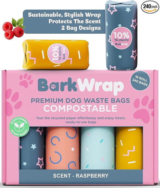 240 Compostable Dog Poop Bags Rolls Raspberry Scented Extra Thick Leak-Proof Dog Waste Bags With Easy Open Design Durable Doggy Bags For Pet Waste Pickup Refill Standard Dispenser 10% To Charity