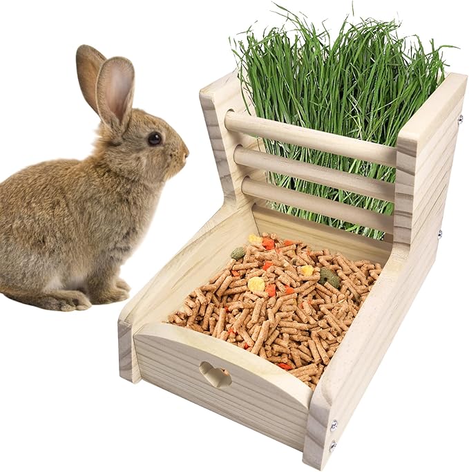 Hamiledyi Bunny Chew Toy for Teeth,Guinea Pig Natural Organic Fruitwood Sticks with Grass Cake Small Rabbit Hay Feeder with Wooden Food Feeding Manger Bunny Hay Dispenser Small Animals Grass Holder