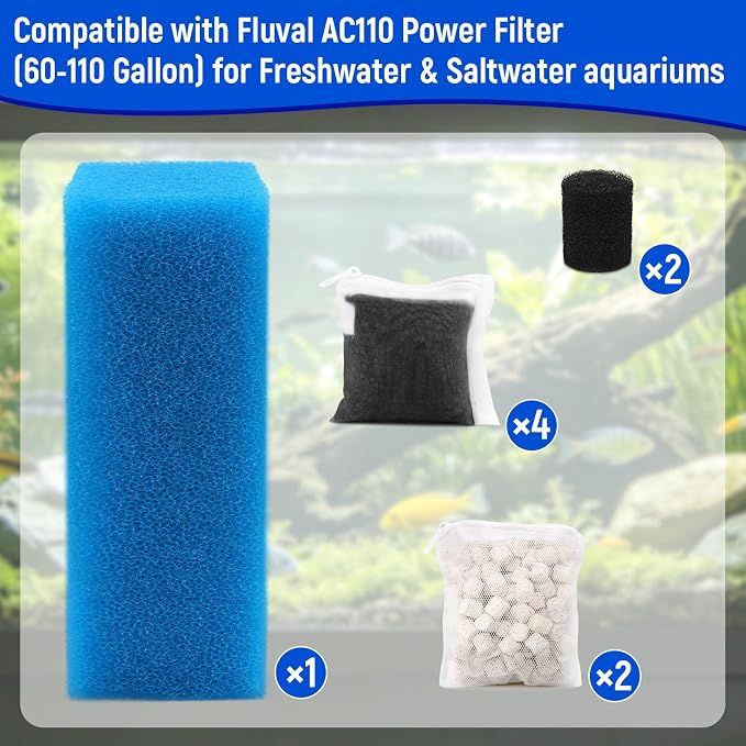 Big Peng AC110 Aquarium Filter Media Maintenance Kit Compatible with Aquaclear Fluval AC110 Power Filters, Includes 1 Blue Foam, 4 Activated Carbon, 2 BioMax Pellets, 2 Intake Strainer Sponge