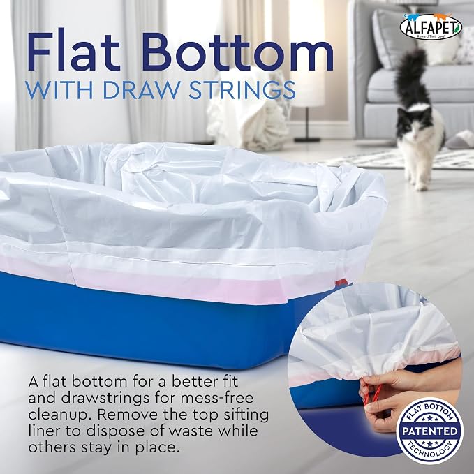 Alfapet Self Sifting Cat Litter Box Liners, Set of 21, Flat Base, XL Design, With Inbuilt Drawstrings, Fits Large Trays, Reinforced, 36 in x 18 in