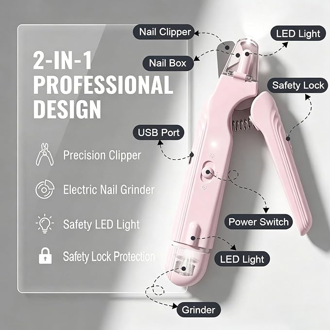 2-in-1 Dog Nail Grinder & Dog Nail Clippers Trimmers for Large Medium Small Dogs Cats Pets Claw Trimmer with LED Lights (Pink)