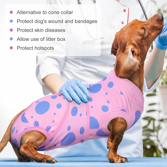 Kuoser Dog Surgery Suit, Soft Dog Spay Recovery Suit Female, Anti Licking Neuter Recovery Suit for Male Dogs, Post-Op Pet Surgical Suit Protective Wear E-Collar & Cone Alternative,Pink Polka Dots L