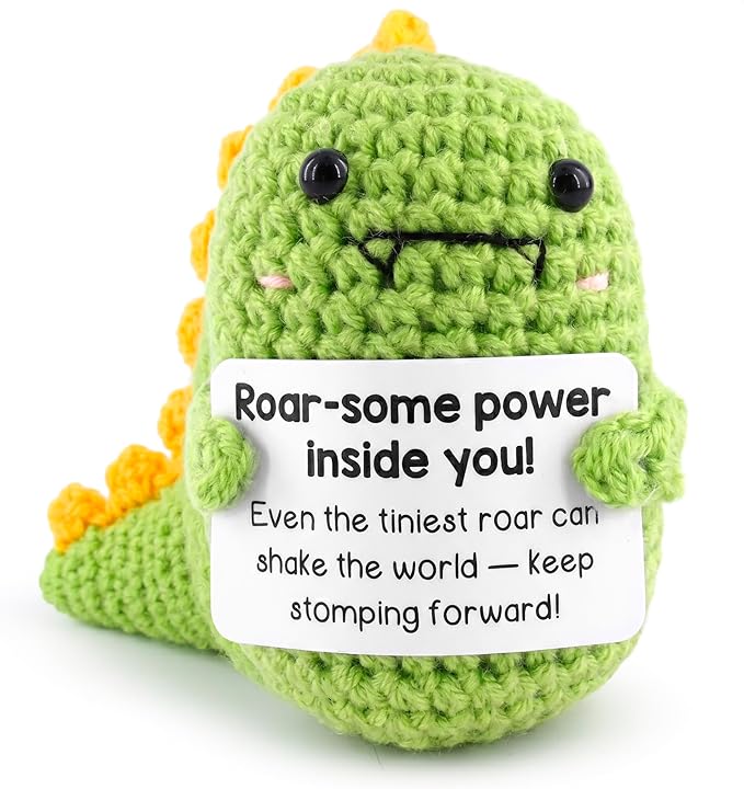 Reluen Crochet Dinosaur, Roar-Some Power Inside Handmade Mini Dinosaur Crochet Animal with Inspirational Affirmation Card, Dinosaur Desk Accessories Gift for Women Men Adults Mom Daughter Coworker