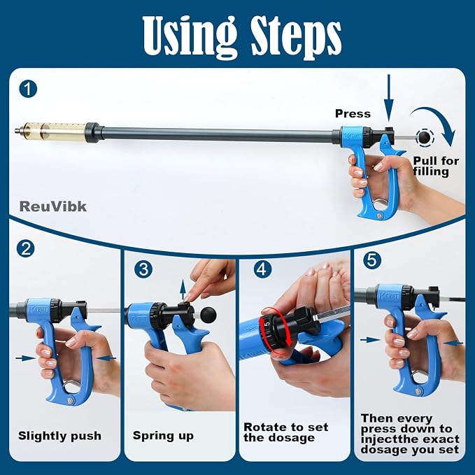 50 ML Livestock Iong Shot Pole Syringe, Cattle Syringe Gun | with Luer Lock 5 Gears Adjustable Continuous Repeating Veterinary Vaccine Injector for Cattle, Horses, Sheep & Pigs