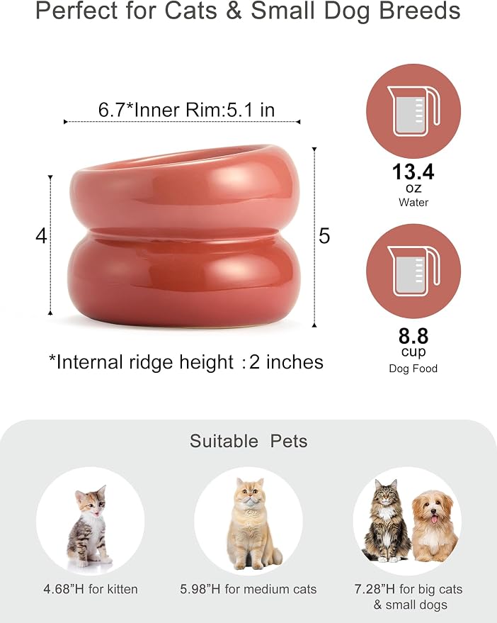 Elevated Cat Water Bowls Raised Small Ceramic Dog Bowl,Non-Slip Tilted Cat Food Bowl Whisker Friendly-Pink