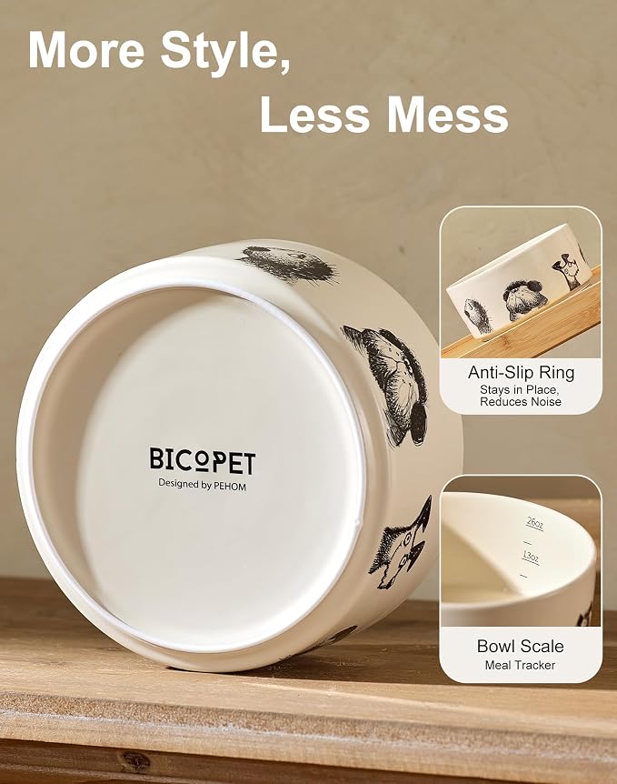 Ceramic Cute Dog Bowl Set of 2 for Small Dogs & Cats, Heavy Non-Slip Stoneware Food and Water Bowls – 1.6 Cups, Microwave & Dishwasher Safe, Pet Feeding Set