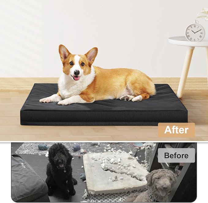 Indestructible Dog Beds for Large Dogs, Orthopedic Memory Foam Pet Bed with Oxford Fabric, Waterproof Outdoor Dog Bed for Kennel with Washable Cover and Non-Slip Bottom, 41''x27'', Black