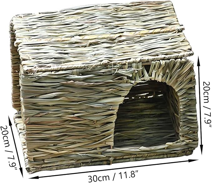 Foldable Grass Woven Animal Hut Bunny House Play Hideaway Bed Mat Chew Toy for Rabbit Guinea Pigs Gerbils Hamster (12"x8"x8")