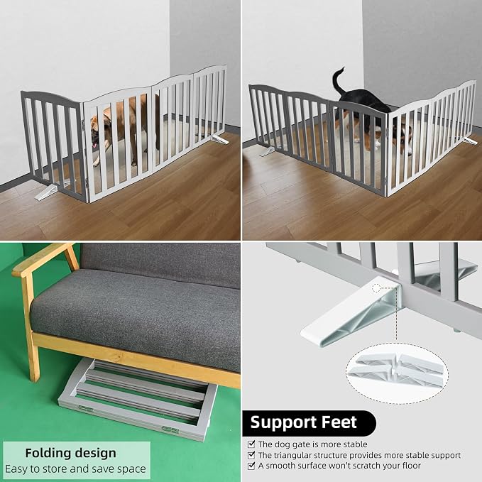 ZJSF Foldable Freestanding Indoor Dog Gate for House Wood Long Pet Gates Dog Fence for Stairs Puppy Gates for Hallways, Puppy Gate,Support Feet Included, Grey, 24 "Height-2 Panels