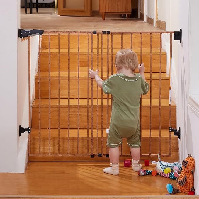 Babelio Baby Gate for Stairs & Doorways, 26-43" W 28" H No Bottom Bar| Easy Installation| One-Handed Operation| Auto-Close| Hardware Mount (Drill Needed) Safety Dog/Pet Gate (Brown Wood Pattern)