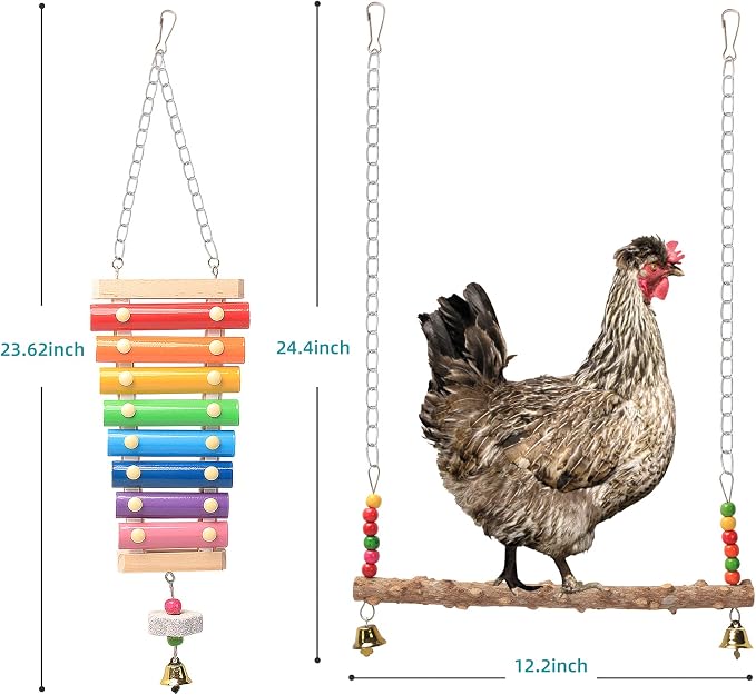 Chicken Toys for Coop 7PCS, KAKUNM Chicken Xylophone, Swing Set, Mirror Toy, Flexible Ladder, Vegetable String Bag and Hanging Feeder