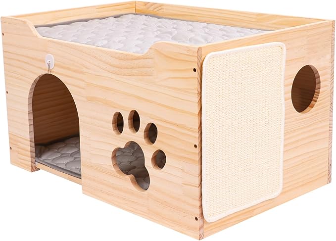 Large Wooden Cat House for Indoor Cats- Cat Scratcher House, Sturdy Cat Playhouse Cat Bed Cave,Cat Scratchers with Sisal Scratching Board, Wooden Cat Condos, Cat Cubes, Cat Hideaway