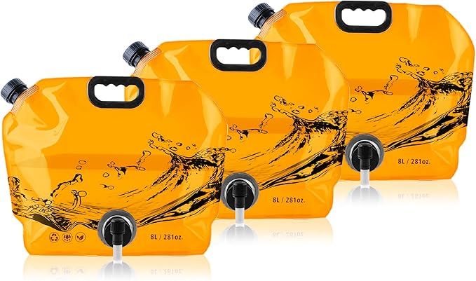 Water Jug Camping 2.1 Gallon Collapsible with Spigot, BPA Free Portable Water Pouch Foldable Water Bags for Outdoor Hiking, Travel and Emergency & Water Storage Containers (Orange-3Pcs)
