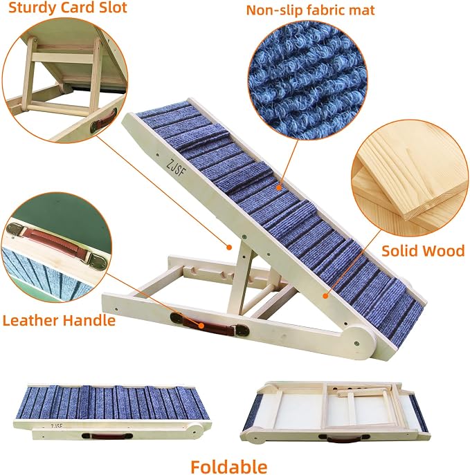 ZJSF Foldable Dog Ramp for High Bed, Wooden Dog Stairs to Bed for Small and Large Dogs, High Traction Platform with 4 Adjustable Heights (14.7"-20"), 32" L, Supports up to 200 lbs