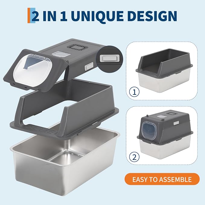 Stainless Steel Cat Litter Box with Lid, Extra Large Covered Metal Litter Box for Big Cats, Removable&Enclosed Design,Non-Stick&Odor-Resistant, Easy Clean, with Scoop&Litter Collecting Mat,Dark Grey