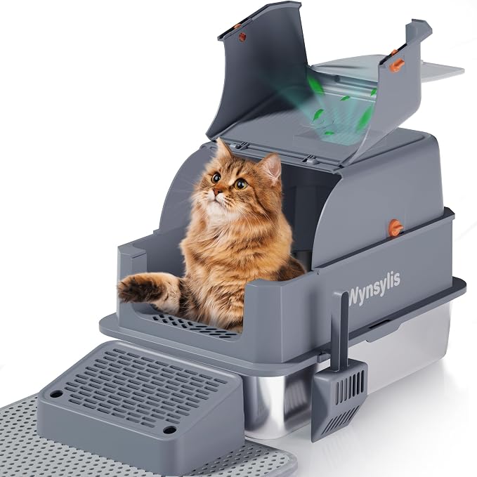 XL Stainless Steel Cat Litter Box with Lid for Large Cats | High sides, stainless pan, flip-top lid, step, mat, scoop, filter; for large cats, high-peeing cats, and multi-cat homes