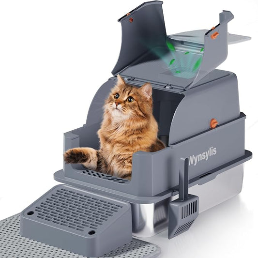XL Stainless Steel Cat Litter Box with Lid for Large Cats | High sides, stainless pan, flip-top lid, step, mat, scoop, filter; for large cats, high-peeing cats, and multi-cat homes