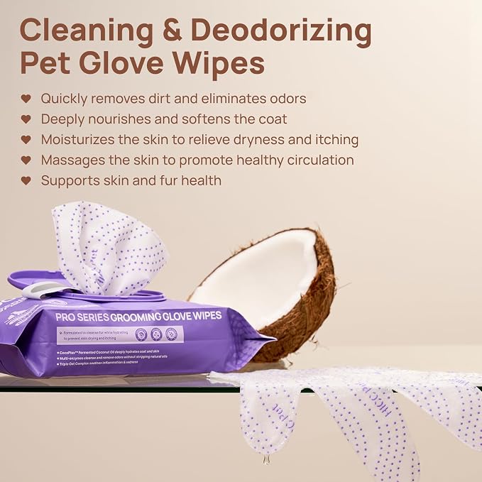 HICC PET Grooming Glove Wipes Pro Series for Dogs & Cats, Extra Thick Dual-Textured Grooming Wipes, Rinse-Free Shampoo Mittens for Quick Cleaning & Deodorizing, Spa-Like Care at Home,20PCS - Unscented