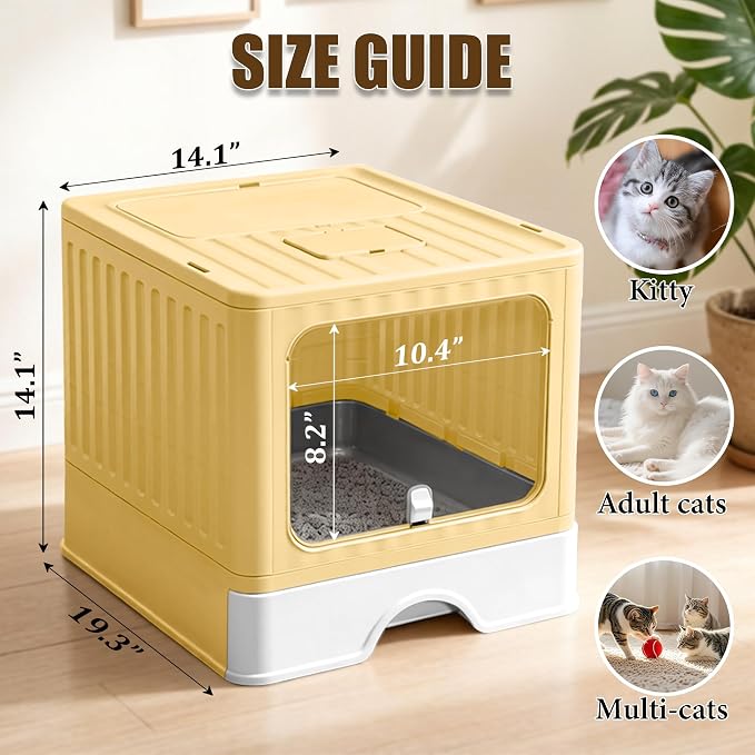 Stainless Steel Cat Litter Box with Lid, Top & Front Entry Enclosed Metal Litter Box, Large Covered Drawer Type Foldable Litter Pan with Litter Scoop & Mat, Easy to Clean, Odor Control (Yellow)
