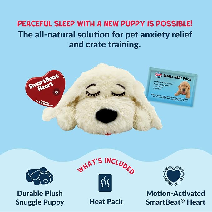 Snuggle Puppy Heartbeat Puppy Toy for Small Breeds, Compact Plush Dog Toy with Heartbeat, Designed for Crate Time, First Nights, and Rest - Cream with 7 Overnight Heat Packs