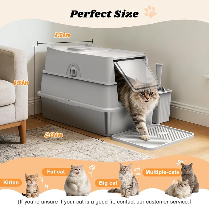 Stainless Steel Litter Box with Lid | Extra Large Enclosed Cat Litter Box for Big Cats | High Sided Metal Litter Boxes | 100% Anti-Urine Leakage | Odor Control | Non-Stick with Litter Scoop Set & Mat