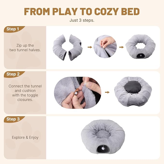 Cat Tunnel Bed for Indoor Cats, 31.5in Round Cat Tunnel for Small Cats, Cat Donut Tunnel with Washable Plush Mat, Collapsible Tunnel Hideplace for Kittens, Squirrels Grey