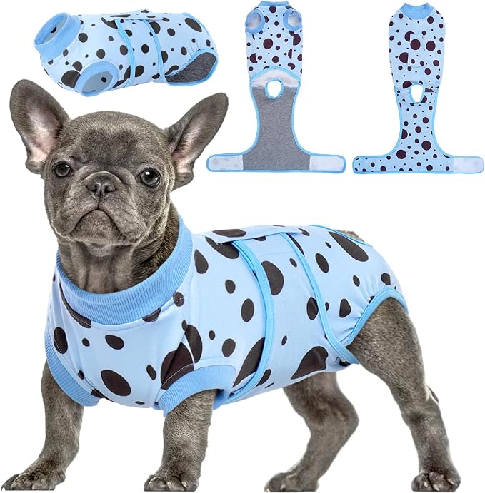 Kuoser Dog Surgery Suit, Soft Dog Spay Recovery Suit Female, Anti Licking Neuter Recovery Suit for Male Dogs, Post-Op Pet Surgical Suit Protective Wear E-Collar & Cone Alternative,Blue Polka Dots S