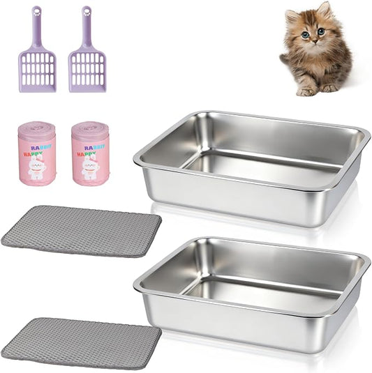 17.5" x 13.5" x 4" Stainless Steel Sifting Cat Litter Box - Metal High Sided Open Top Litterbox Odor Control Non-Clumping with Scoop Litter Mat Trash Bag, Anti-Leakage, Less Tracking, Easy Cleaning