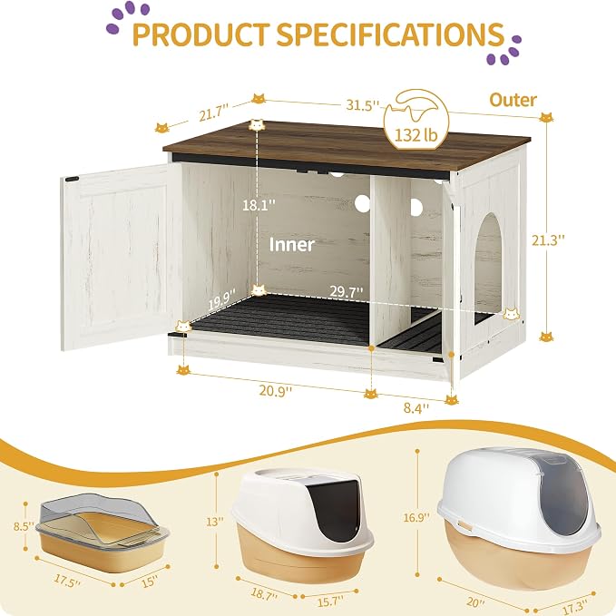 Hzuaneri Cat Litter Box Enclosure with Cushion, Hidden Litter Box Furniture with Removable Dividers, Reversible Entrance Left or Right Side, Cat House, Rustic White and Brown CB84614X
