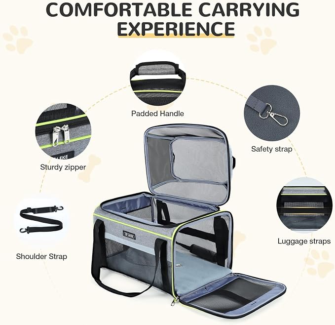 Lekereise Top-Expandable Pet Carrier 17x11x9.5 Inch Alaska Hawaiian Airline Approved Soft Sided Underseat to 12lbs Travel Carriers for Small Dogs and Cats with Locking Safety Zippers Anti-Scratch Mesh