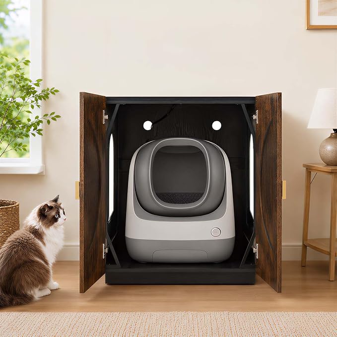 unipaws Extra Large Cat Litter Box Enclosure for Self-Cleaning & Automatic Litter Boxes, Tall Cabinet with Charging Station, Wooden Dog Proof Hidden Cat House for Top Entry Litter Box