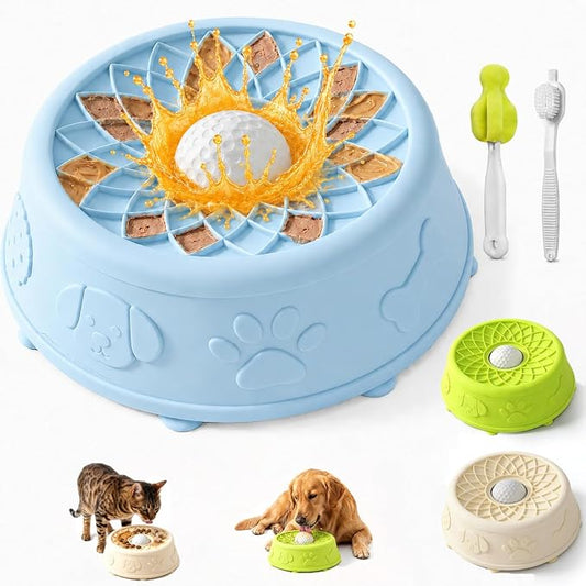 Dog Slow Feeder Lick Bowl with Rolling Ball for Liquid Treats, 2-in-1 Anti-Slip Silicone Dog Licking Bowl for Bone Broth with Suction Cup, Enrichment Lick Sphere Toy for Large Medium Dogs Cats (Blue)