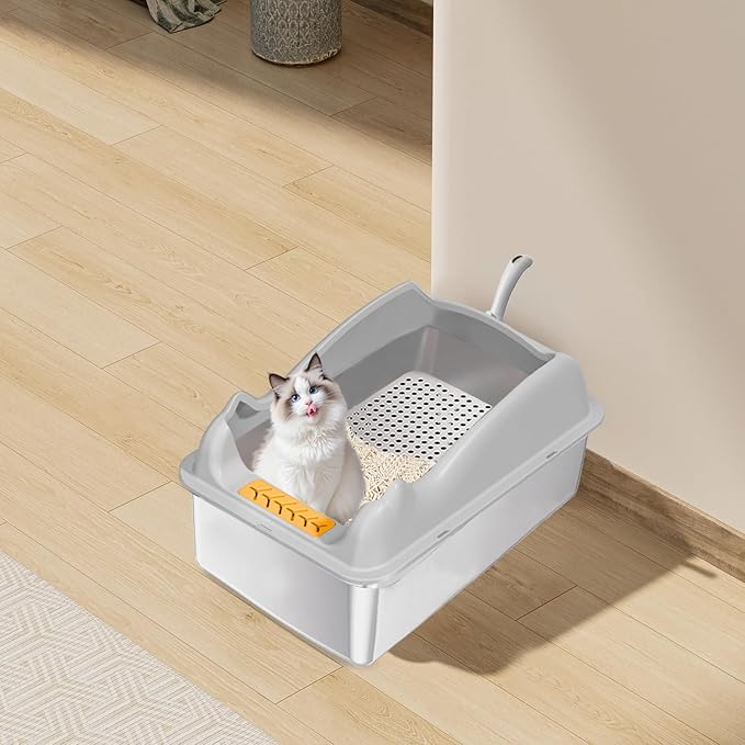 Stainless Steel Sifting Litter Box,XL Cat Litter Box with Lid,Pellet Litter Box for Big Cat,High Sides,Anti-Leakage,Easy Clean