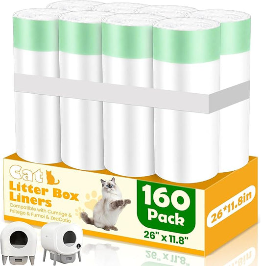 160 Count Drawstring Cat Litter Box Liners, Durable Cat Litter Bags Compatible with Cumrige & Fsitego & Fumoi & ZeaCotio Self-Cleaning Litter Box, 26"x11.8"