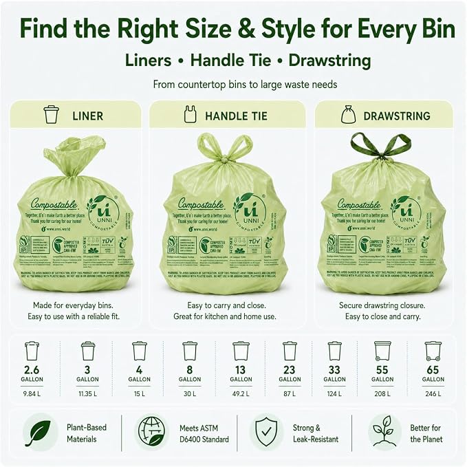 UNNI Compostable Trash Bags, 8 Gallon / 30 Liter, 50 Count, Extra Thick 0.85 mil Medium Kitchen Food Scrap Bin Liners, Certified by BPI, CMA & OK compost HOME, Meets the ASTM D6400 Standard