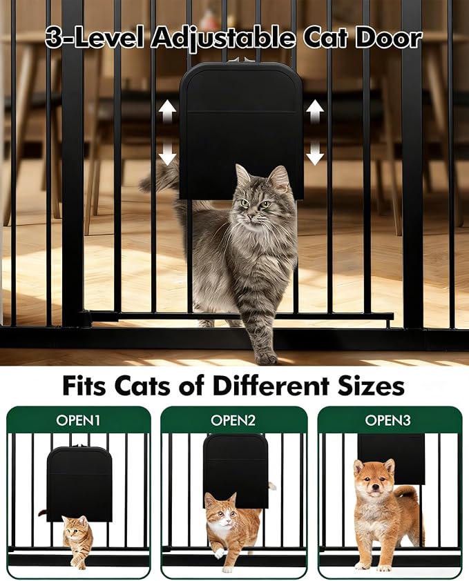 Pet Gate with Adjustable Cat Door, 31–46 Inch Pressure Mounted Dog Gate for Doorways, Stairs and Hallways, Auto Close Walk Through Metal Gate, No Drilling, Black