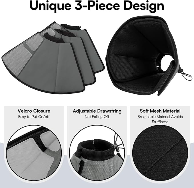 Queenmore Dog Cones for Large Dogs,Soft Dog Cone Stop Licking After Surgery, Adjustable Pet E-Collar Alternative for Wound Healing,BlackGrey,X-Large