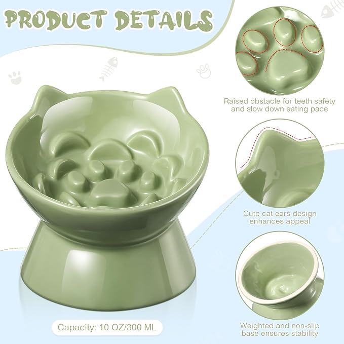 Funnymoom 2 Pcs Ceramic Raised Slow Feeder Cat Bowl, 5.91inch Elevated Cat Slow Feeder Bowl Tilted Anti Vomiting for Dry Wet Food and Water Easy to Clean High Edge(Green, Blue)
