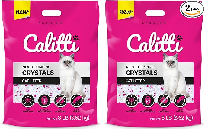 Calitti Premium Crystal Cat Litter – 99.9% Dust Free, Maximum Odor Control, Soft on Paws, Low Tracking, Lightweight Silica Gel, Non-Clumping, Multi-Cat, Unscented – 8 lb Bag (Pack of 2)