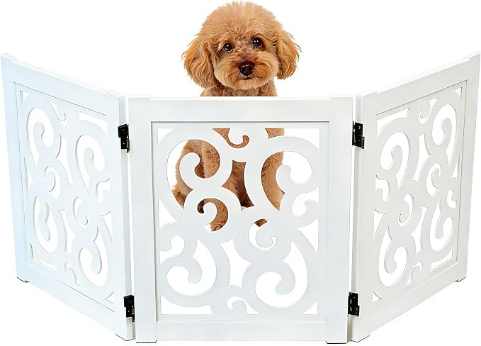 Ashfield & Harkness: 3-Panel Pet Gate - Scroll White - Wooden Foldable Freestanding Fence, Small Dogs & Puppy, 48 x 19.3, Indoor-Doorway-Halls-Stairs
