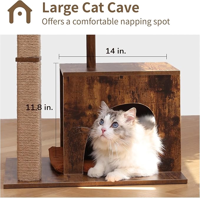 FUKUMARU Cat Scratching Post, Modern Style Cat Tree with Unique Square Post, Wooden Cat Tower with silvervine Balls, Retro Cat Brown Condo Scratcher for Indoor Cats（Solid Wood）