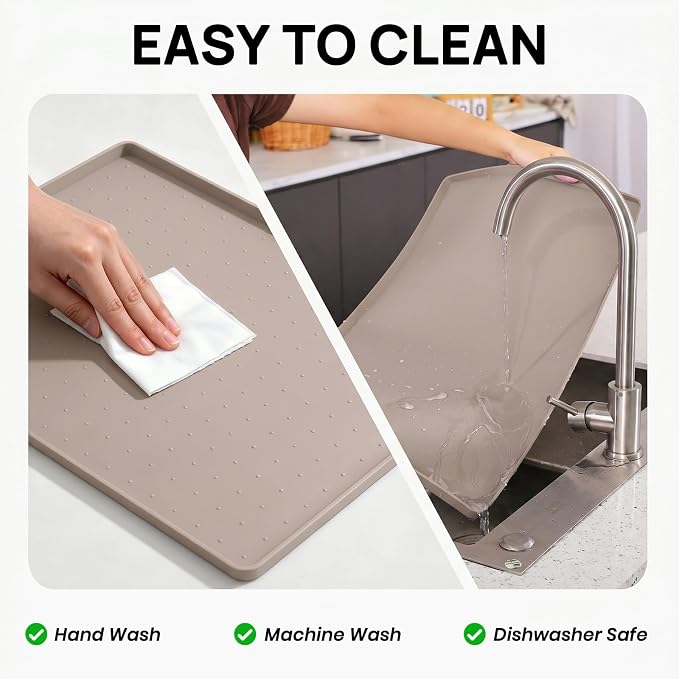YINEYA Silicone Under Sink Mat Waterproof 24" x 16", Raised Edge Cabinet Liner, Dish Drying Mat for Kitchen Counter Protector, BPA-Free Pet Feeding Mat, Multifunctional Silicone Mat (Taupe)