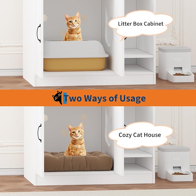 Cat Litter Box Enclosure,Hidden Litter Box Furniture with Divider,Indoor Cat House,Wooden Cat Washroom Storage Cabinet Bench, Side End Table Nightstand, 33.07" L × 23.62" W × 23.92" H,White