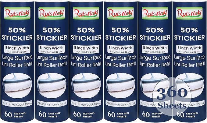 50% Stickier Large Surface Lint Roller Refill for Scotch-Brite Pet Hair Pickup Extra Sticky Large Lint Roller 8 inch Replacement Refills 6 Rolls, 60 Sheets per Refill, 360 Sheets Total
