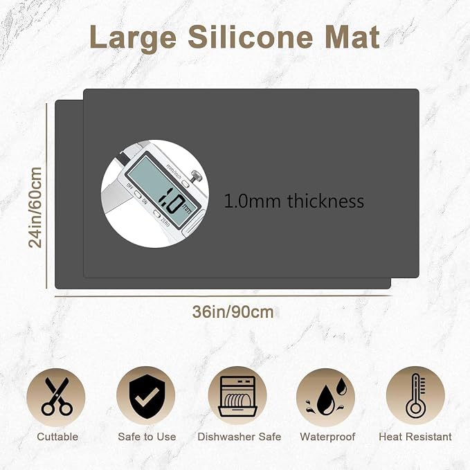 36"x24"(90cmx60cm) Large Silicone Mat for Kitchen Counter, Non-Slip Heat Resistant Countertop Protector, Waterproof Multipurpose Mat for Kitchen Island, 2Pack (Dark Gray)