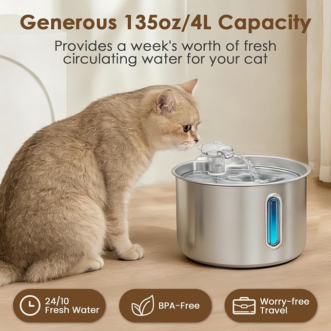 Stainless Steel Cat Water Fountain, 135oz/4L Automatic Pet Water Dispenser with 3 Filters & 2 Water Outlets, Quiet Indoor Drinking Fountain for Cats Small Dogs, Water Level Window