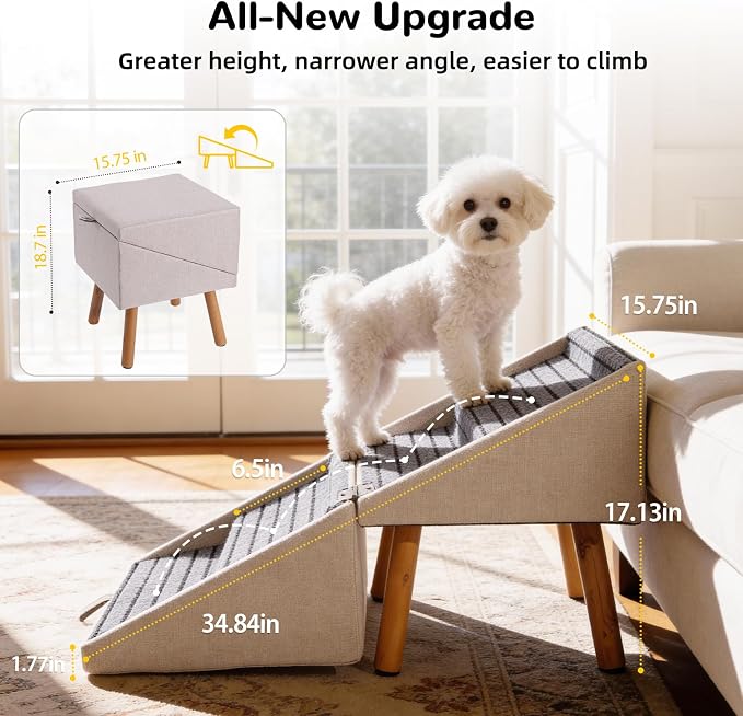 17.13" H Dog Stairs for Small Dogs, 2-in-1 Pet Steps & Ottoman - Foldable Dog Stairs for Couch, Non-Slip Wooden Pet Stairs for Puppy Senior Injured Dogs
